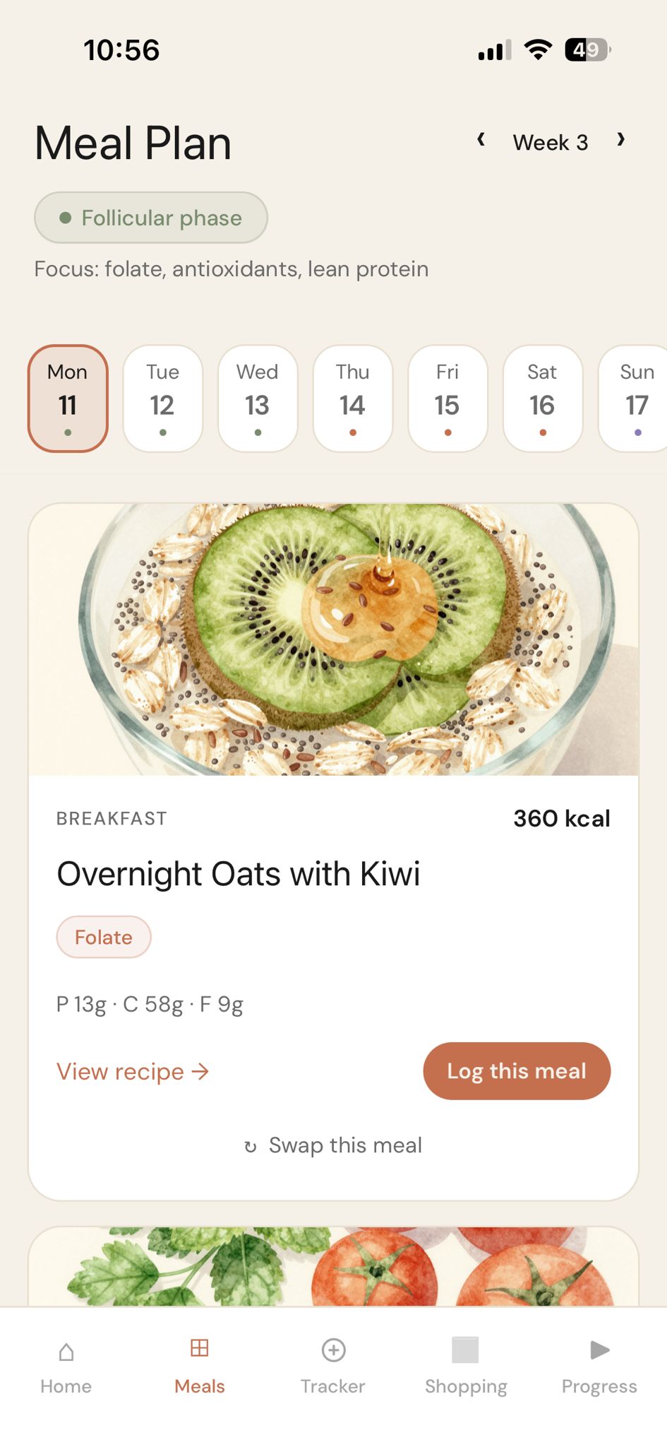 FertiNutrition weekly meal plan screen for follicular phase meals