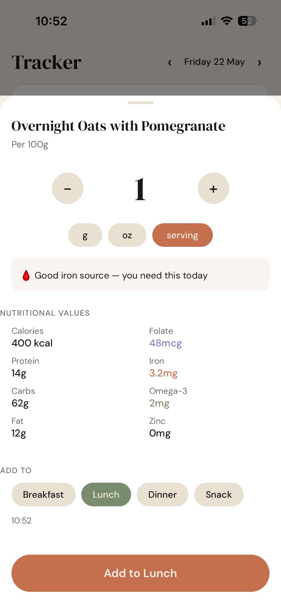 FertiNutrition nutrient tracker screen for adding overnight oats to lunch
